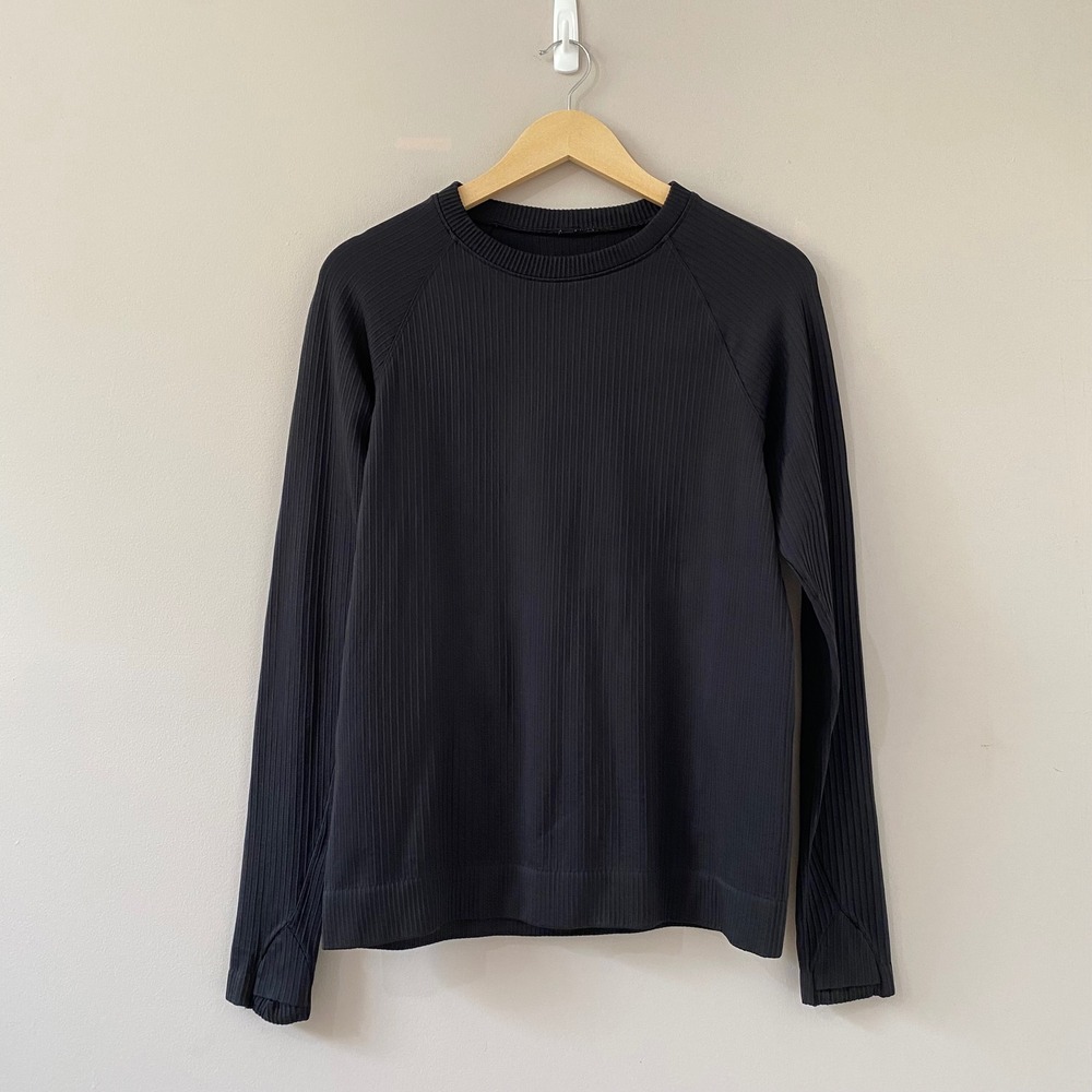 Lululemon Ebb to Street Long Sleeve Shirt Black Ribbed Thumbholes Yoga Top M?